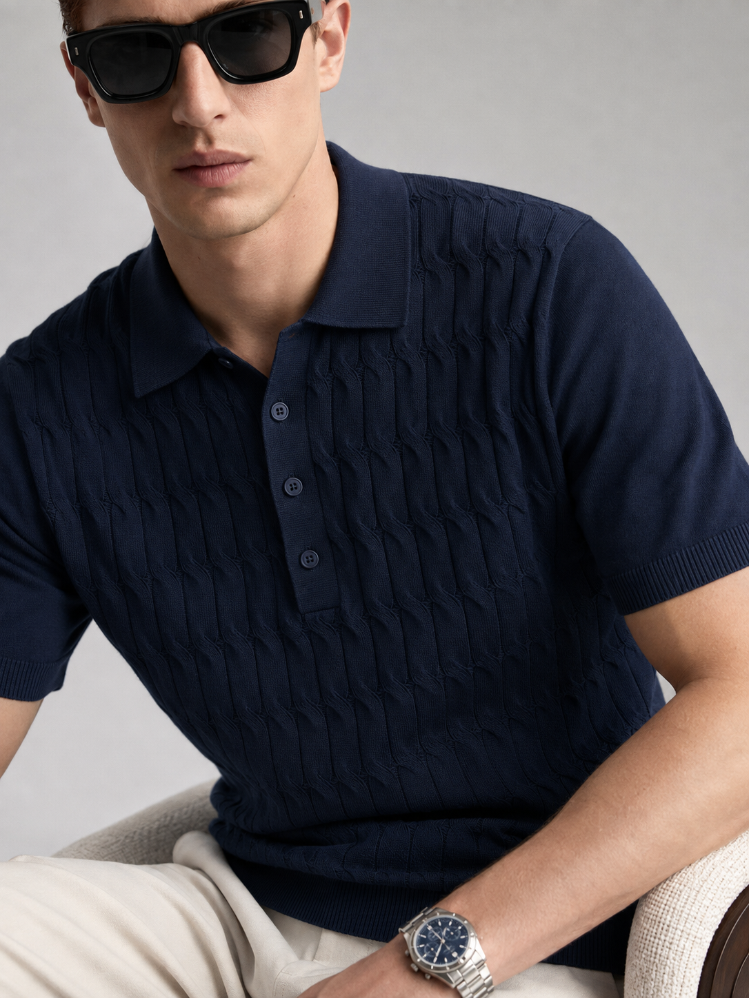 CANE Knit Polo in Navy — detail