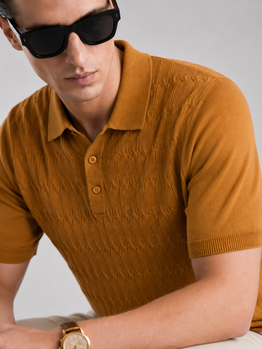 CANE Knit Polo in Camel — detail