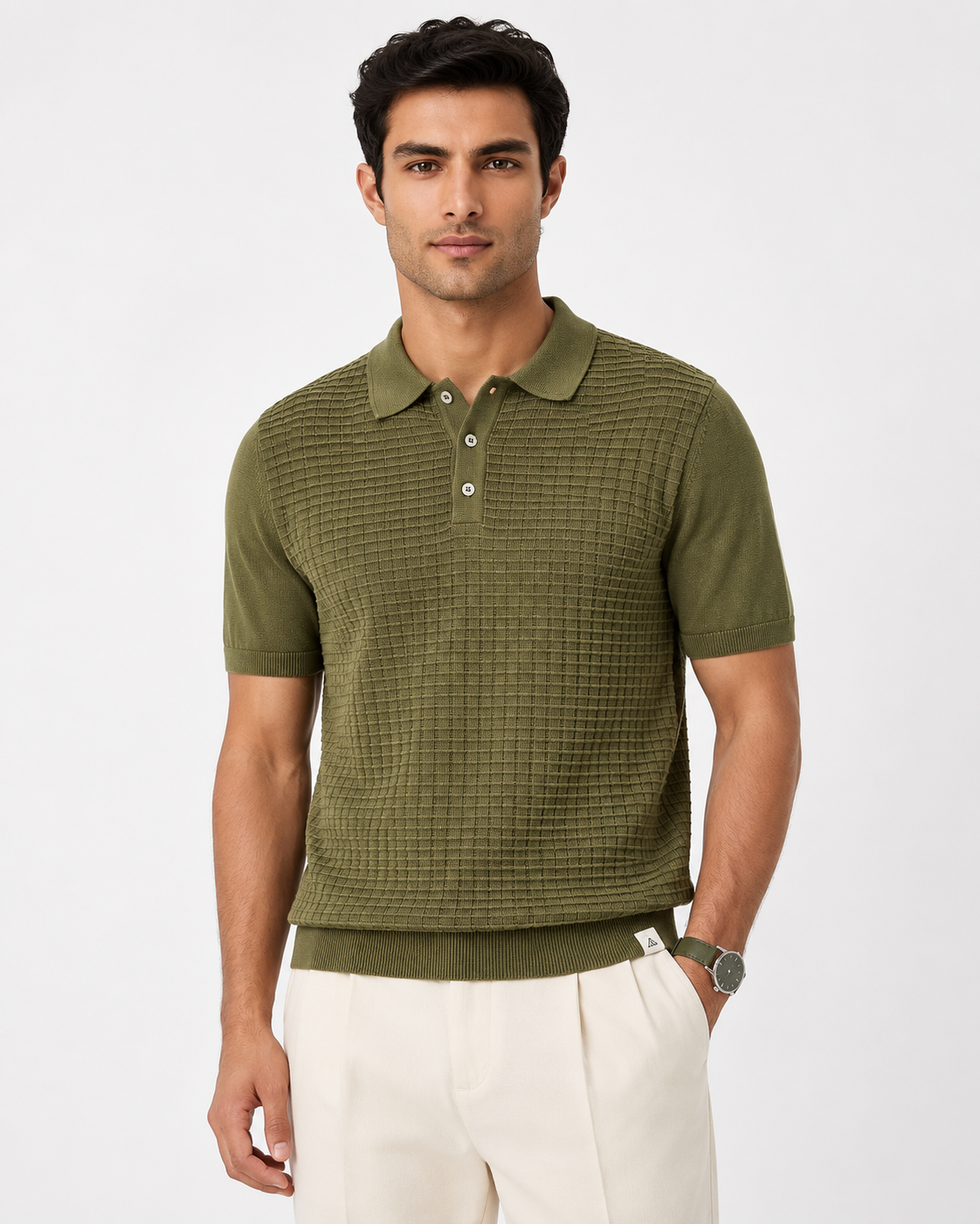 GRID Knit Polo in Olive — front