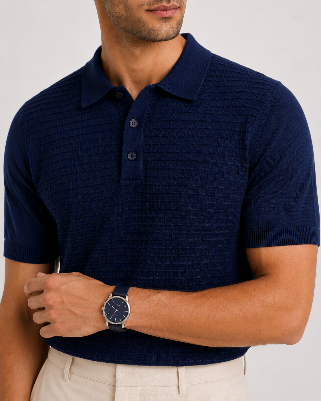 GRID Knit Polo in Navy — detail