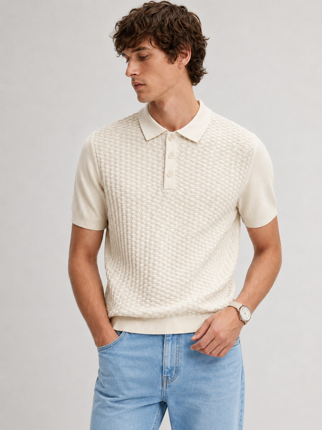 TILE Knit Polo in Cream — front