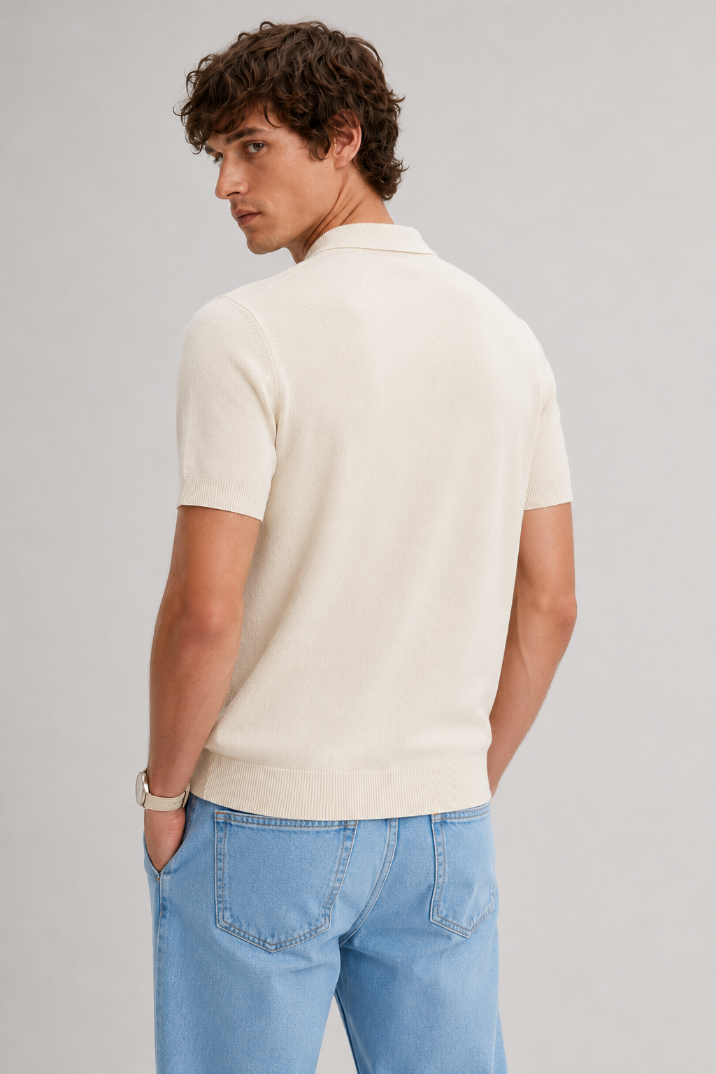 TILE Knit Polo in Cream — back