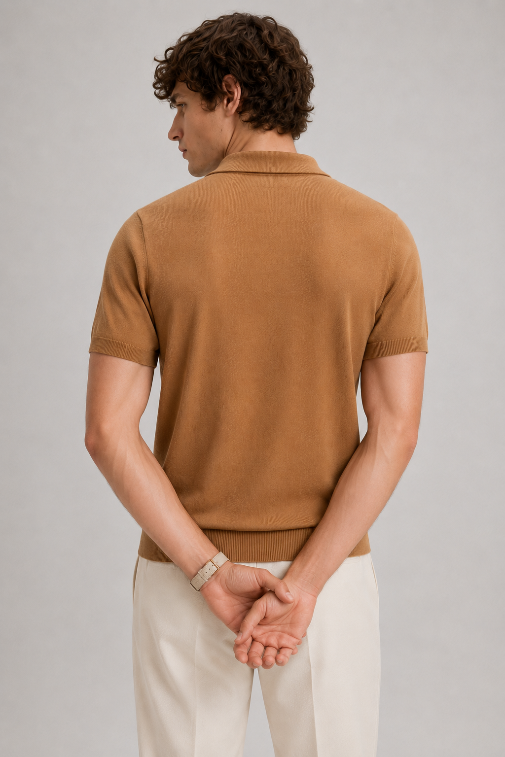 TILE Knit Polo in Camel — back