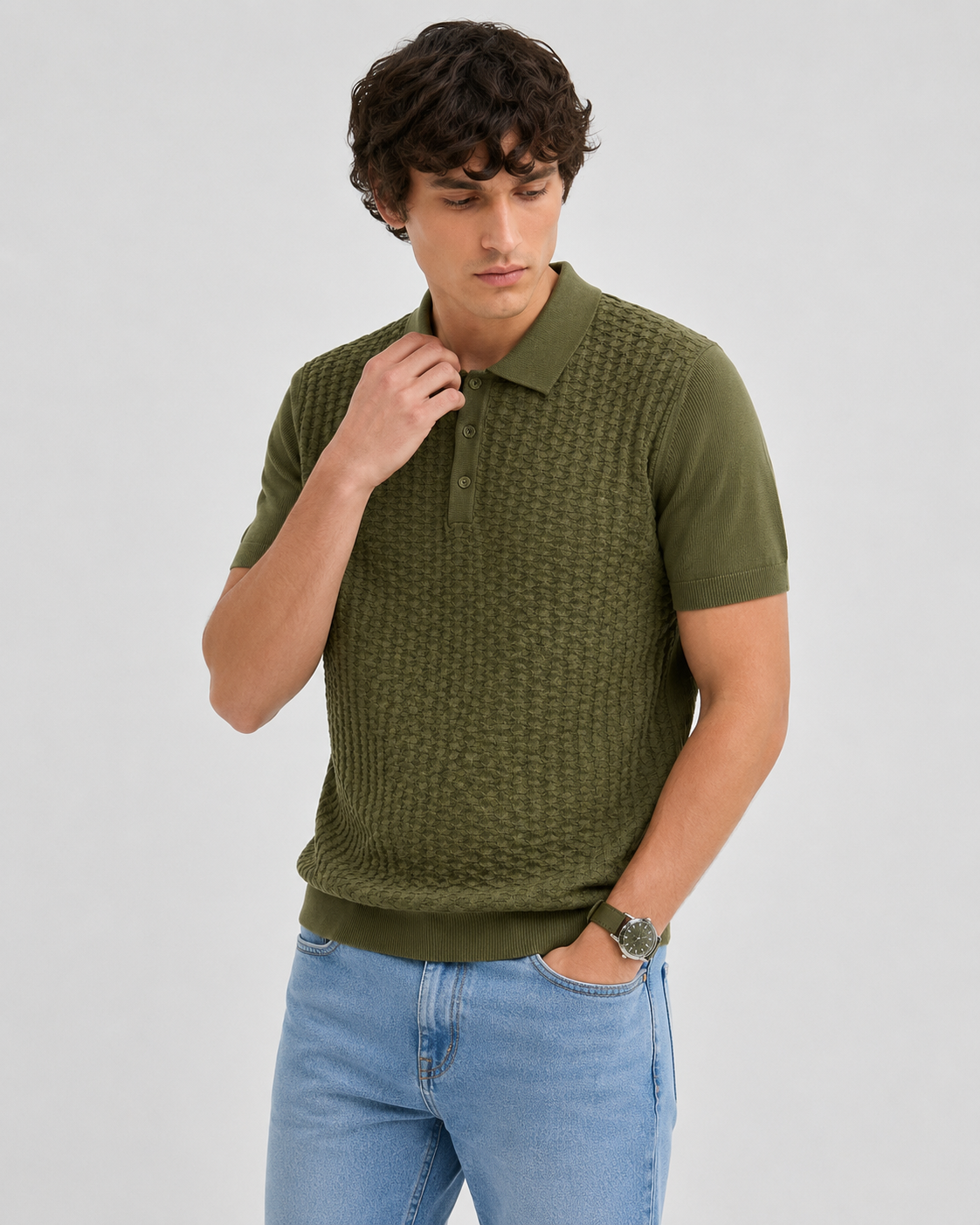 TILE Knit Polo in Olive — front