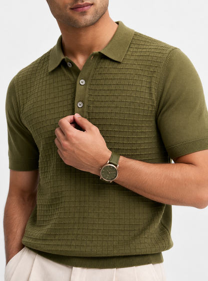 GRID Knit Polo in Olive — detail