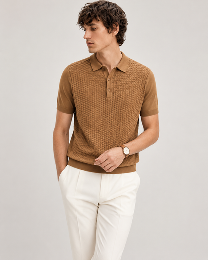 TILE Knit Polo in Camel — on model