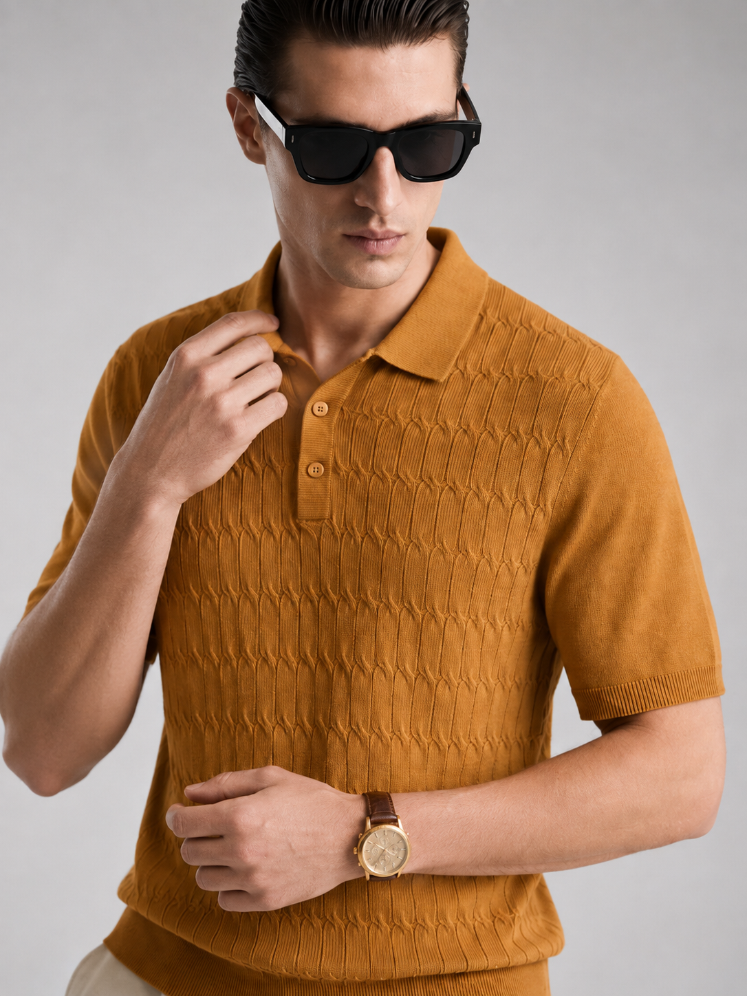 CANE Knit Polo in Camel — detail