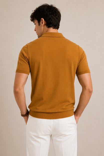 FERN Knit Polo in Camel — back