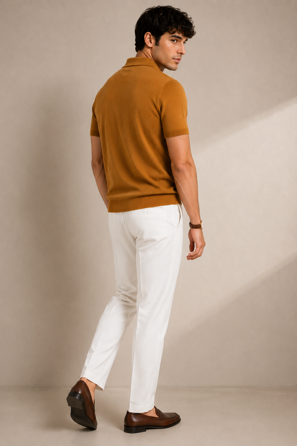 FERN Knit Polo in Camel — back