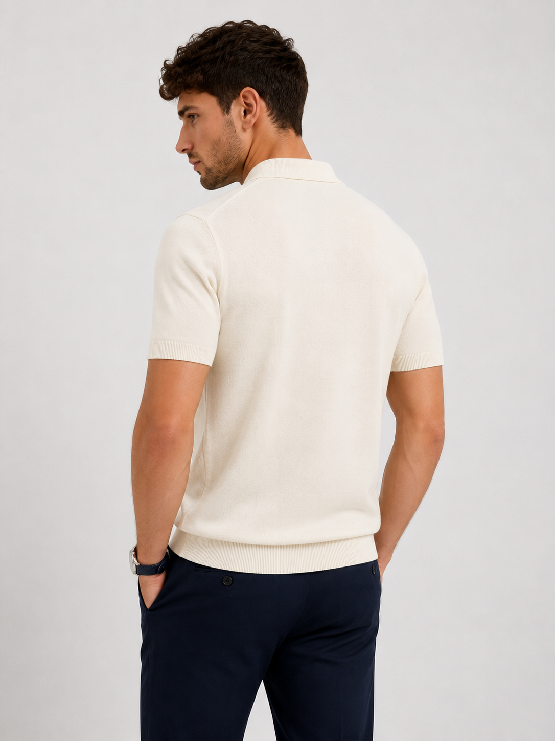 GRID Knit Polo in Cream — back