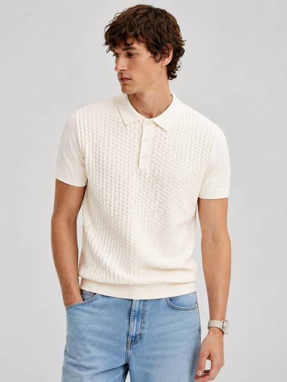 TILE Knit Polo in Cream — on model