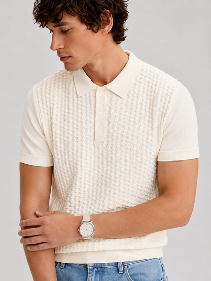 TILE Knit Polo in Cream — on model