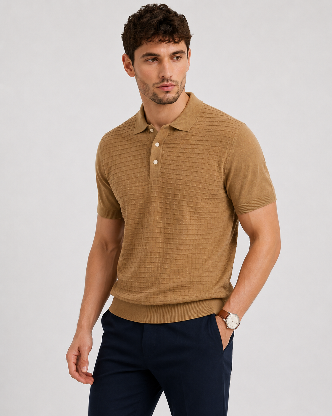 GRID Knit Polo in Camel — front
