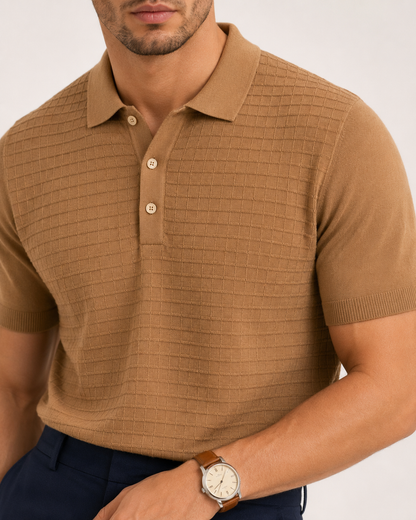 GRID Knit Polo in Camel — detail