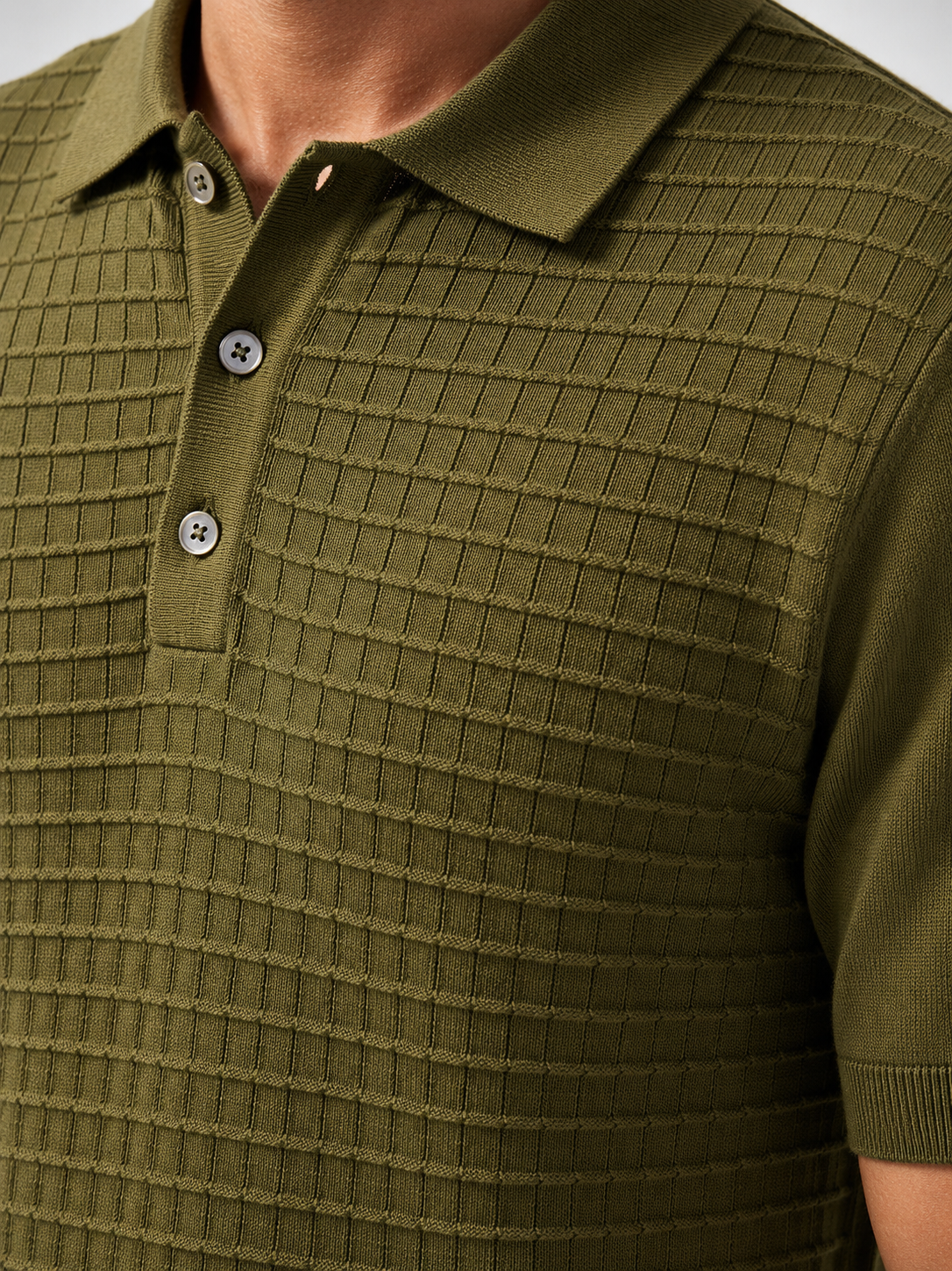 GRID Knit Polo in Olive — detail