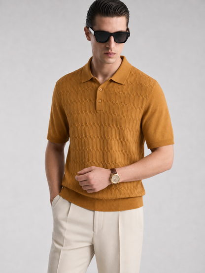 CANE Knit Polo in Camel — on model