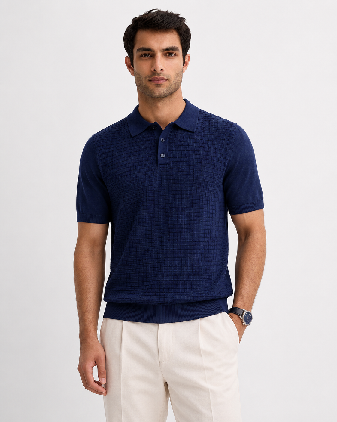 GRID Knit Polo in Navy — front