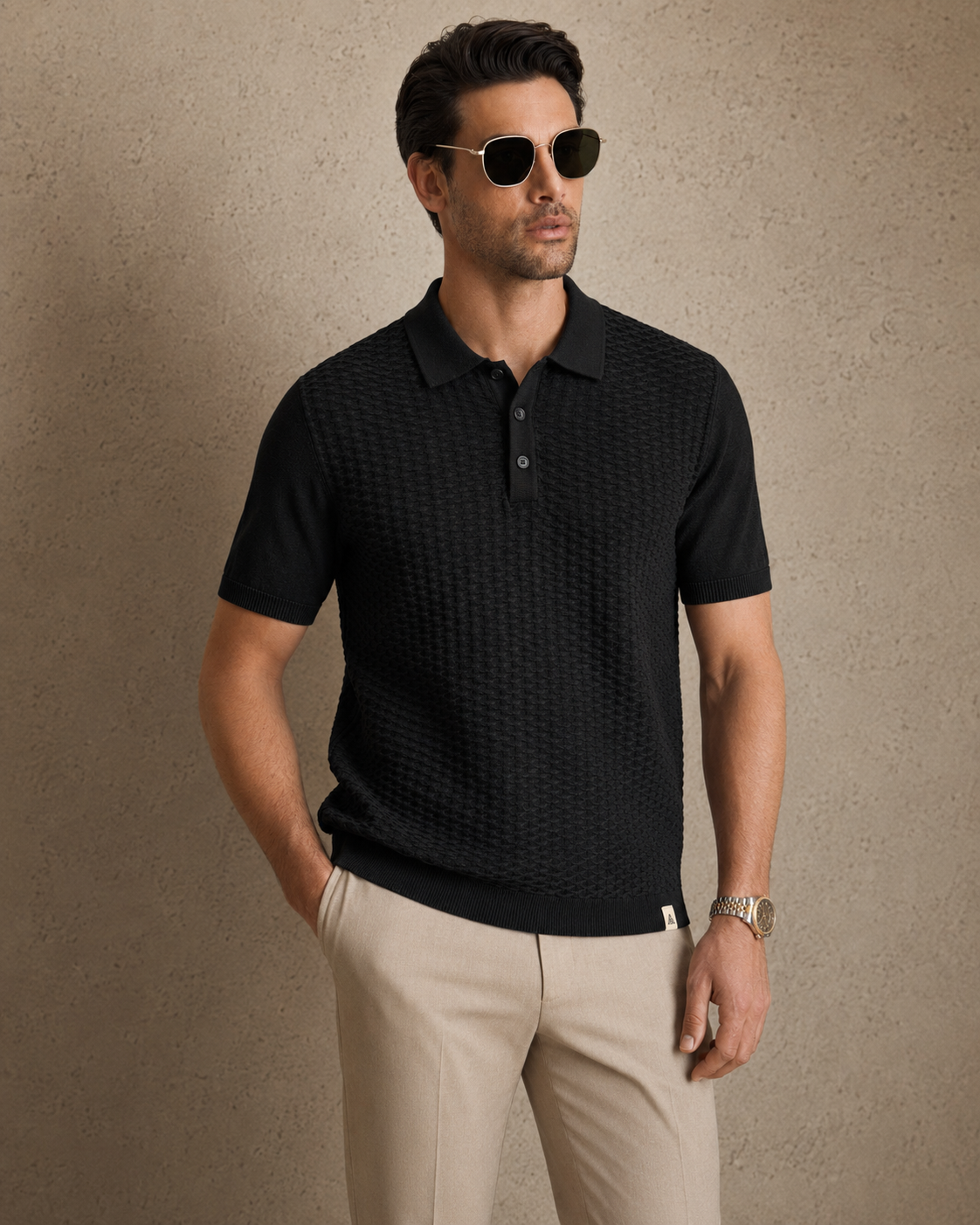 TILE Knit Polo in Black — front