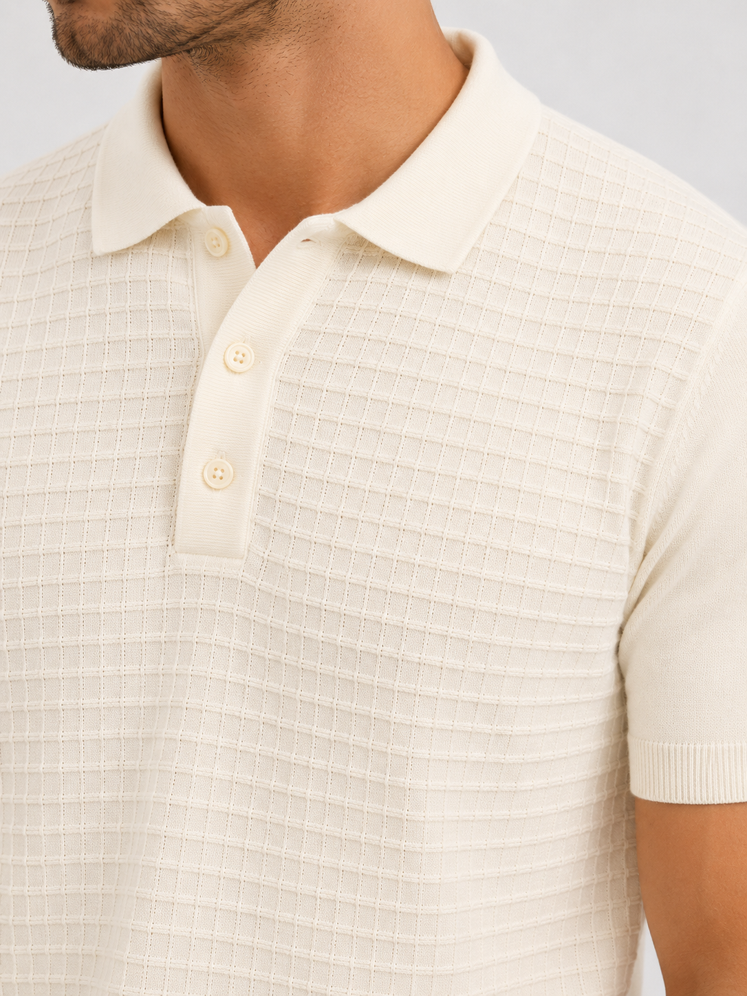 GRID Knit Polo in Cream — detail