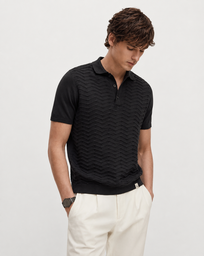 FERN Knit Polo in Black — front