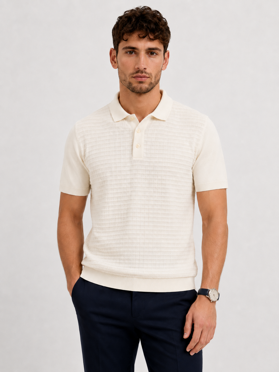 GRID Knit Polo in Cream — on model