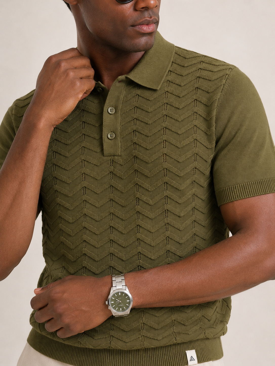 FERN Knit Polo in Olive — detail