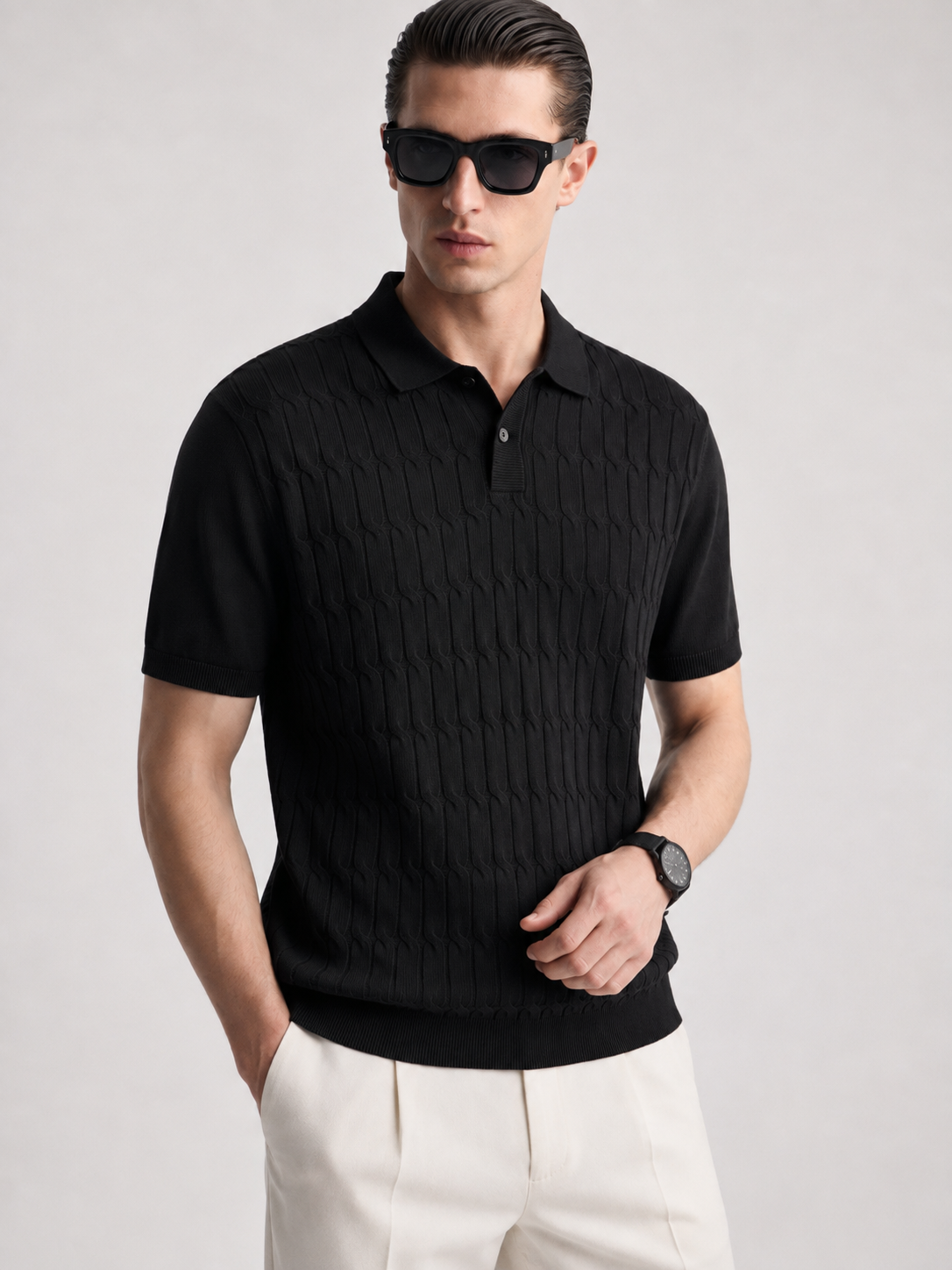 CANE Knit Polo in Black — on model