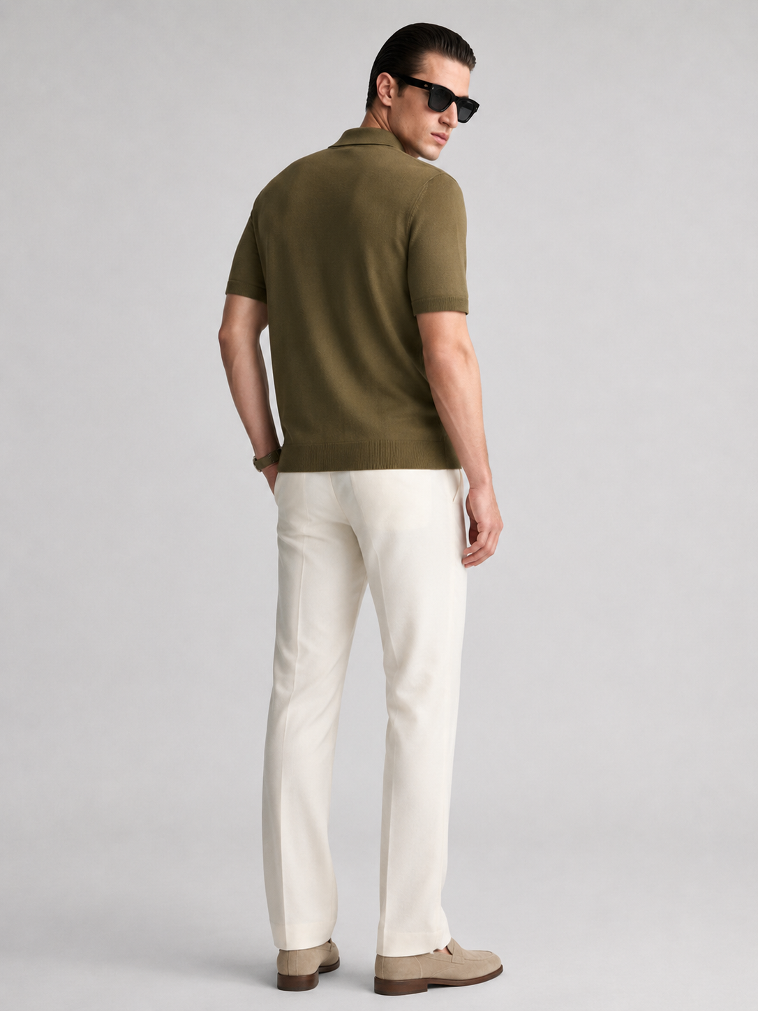 CANE Knit Polo in Olive — back