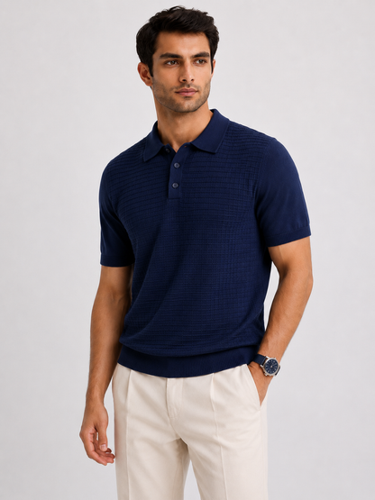 GRID Knit Polo in Navy — on model