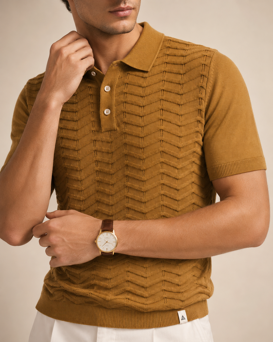 FERN Knit Polo in Camel — detail