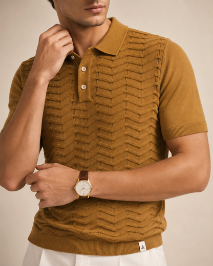 FERN Knit Polo in Camel — detail