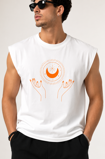 A man wearing a white sleeveless t-shirt with an orange graphic of hands holding a crescent moon, paired with black pants and sunglasses, against a light gray background.
