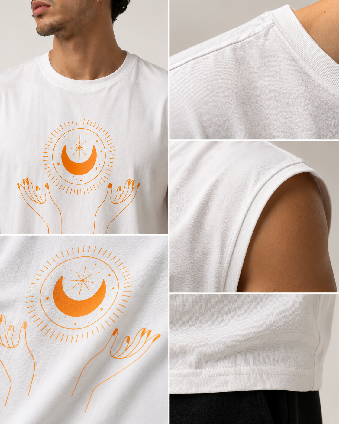 White cropped tank top with an orange celestial graphic featuring a crescent moon, stars, and raised hands, shown on a model with close-up detail panels.