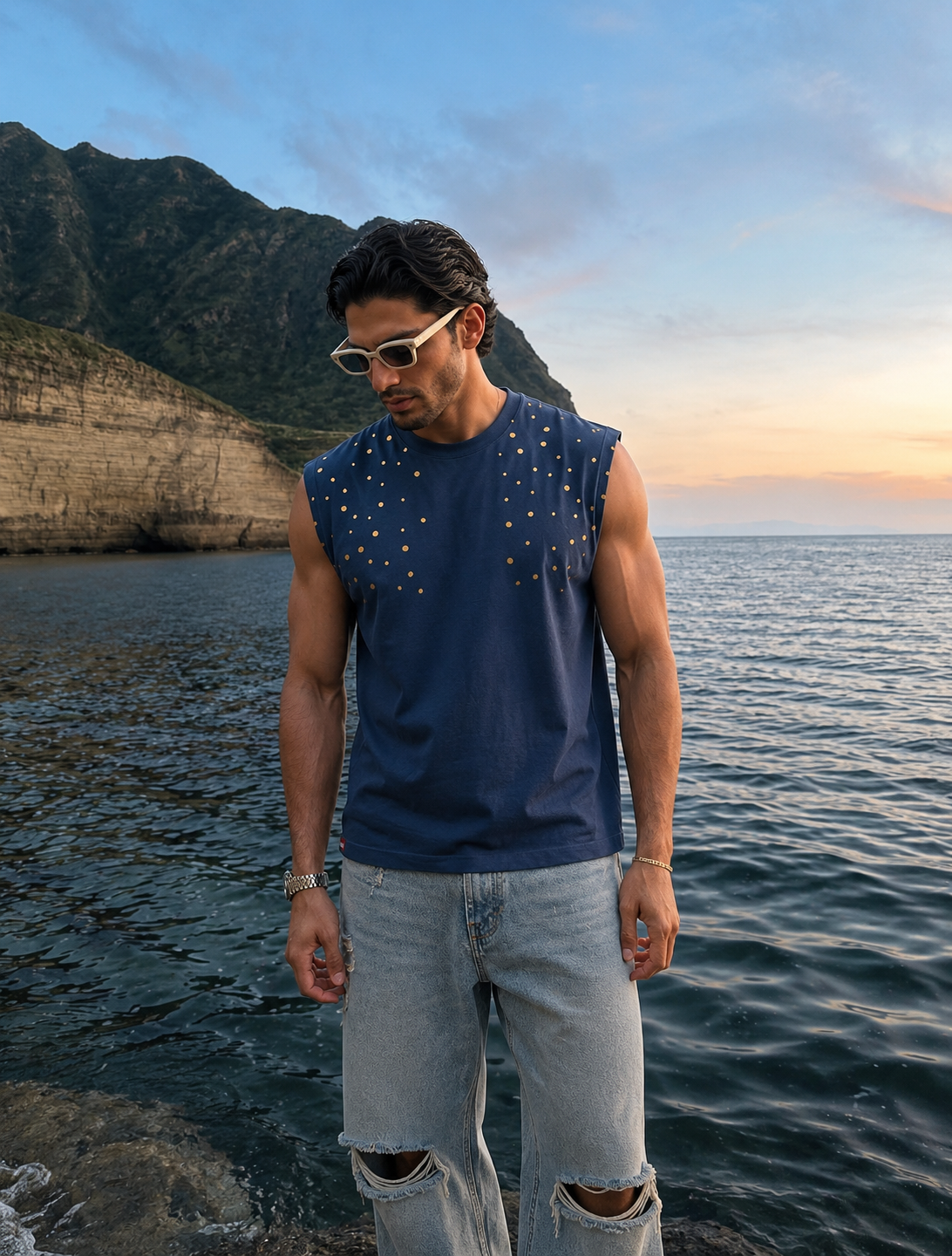 MYSTIC CAT premium sleeveless tee | 5th Century Collection | front view | THE SUNYA
