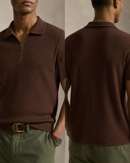 A man modeling a ribbed short-sleeve polo shirt in dark brown, shown from both the front and back. The polo features a half-zip collar and is paired with olive green trousers against a neutral beige background.