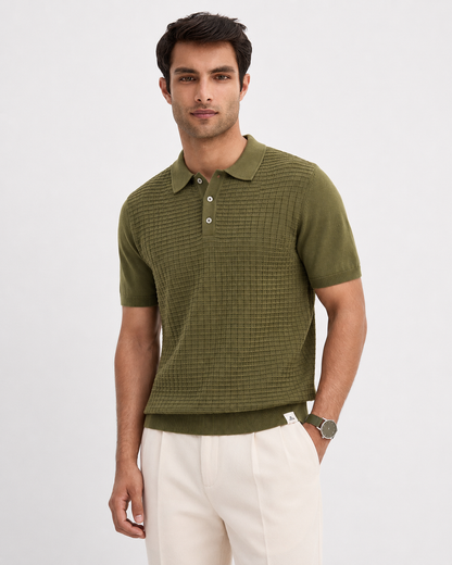 GRID Knit Polo in Olive — on model