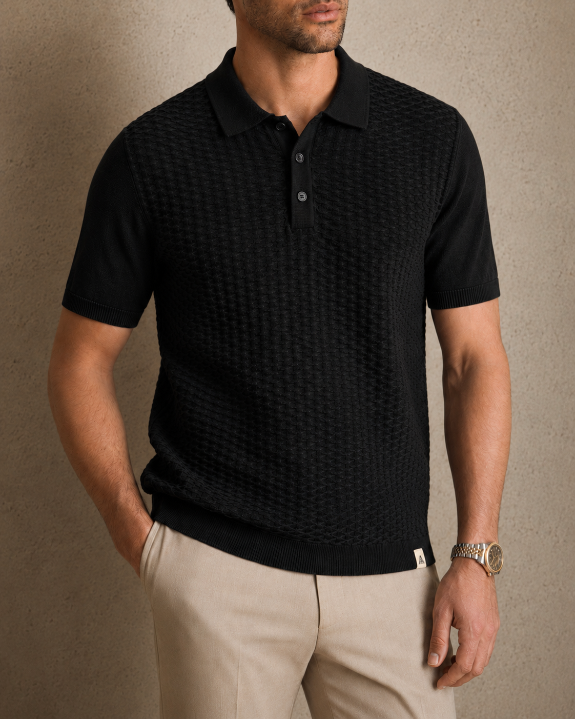 TILE Knit Polo in Black — on model