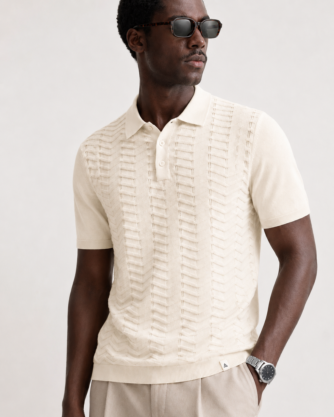 FERN Knit Polo in Cream — on model