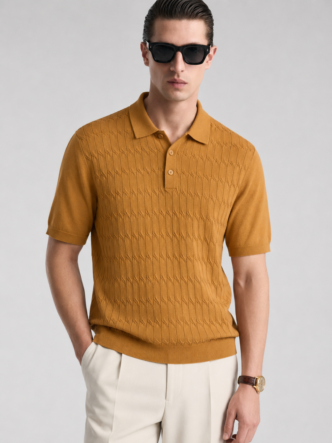CANE Knit Polo in Camel — front