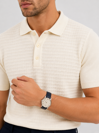 GRID Knit Polo in Cream — detail