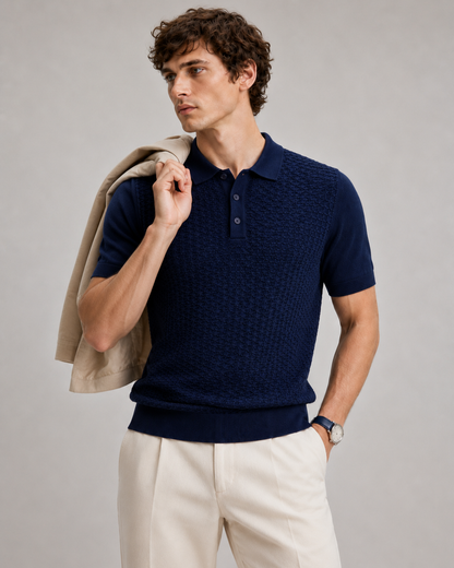 TILE Knit Polo in Navy — on model