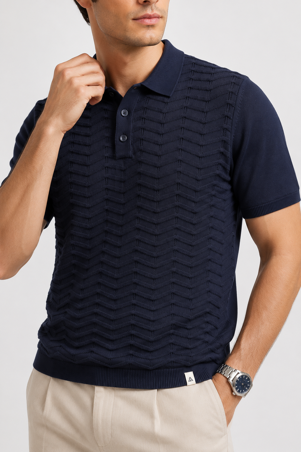 FERN Knit Polo in Navy — detail