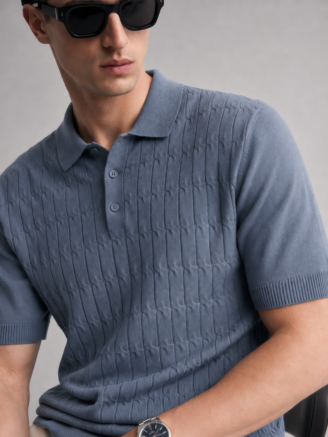 CANE Knit Polo in Slate — detail