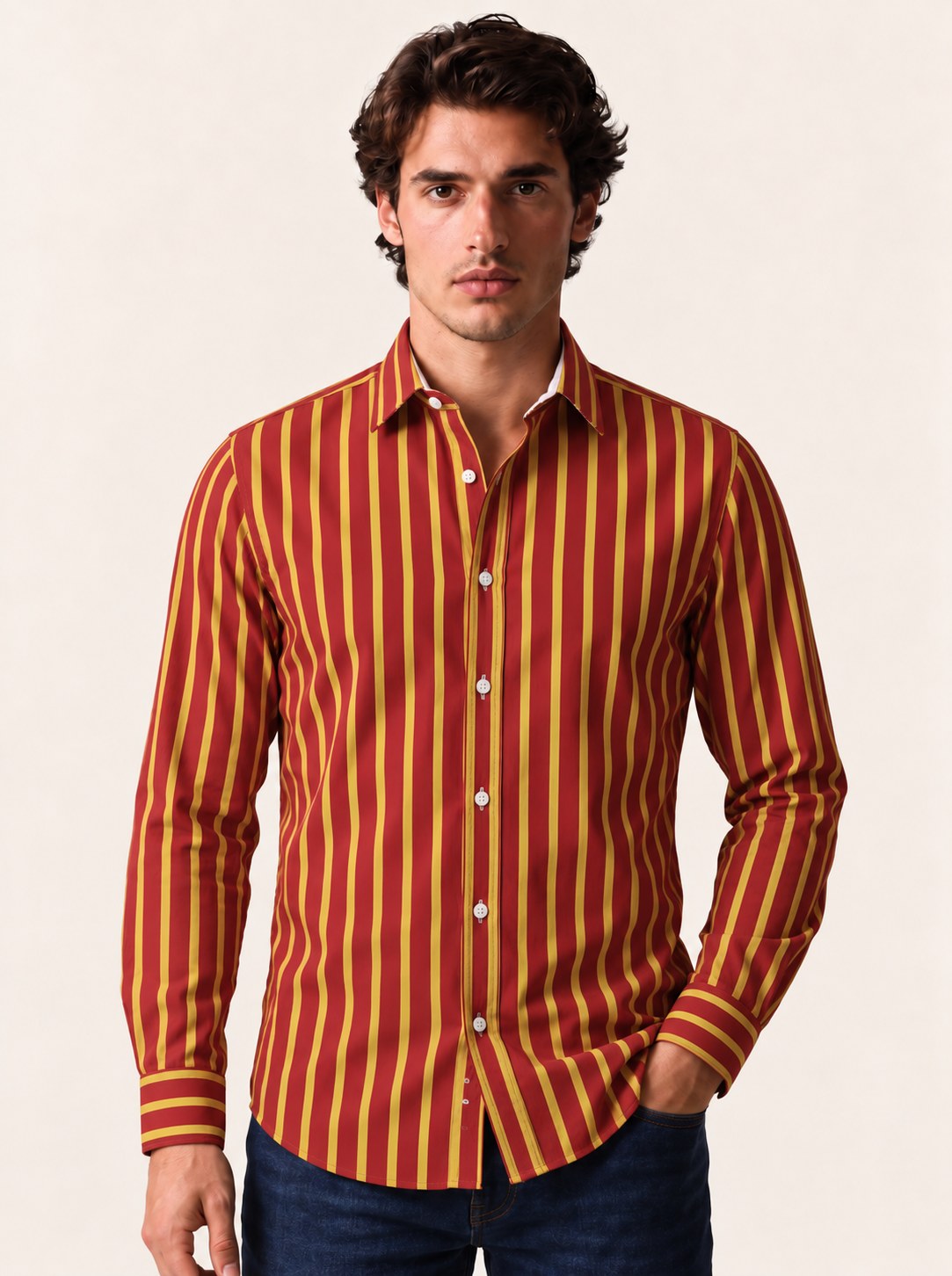 ARIES cotton shirt in scarlet with evenly spaced gold vertical stripes, point collar and full placket
