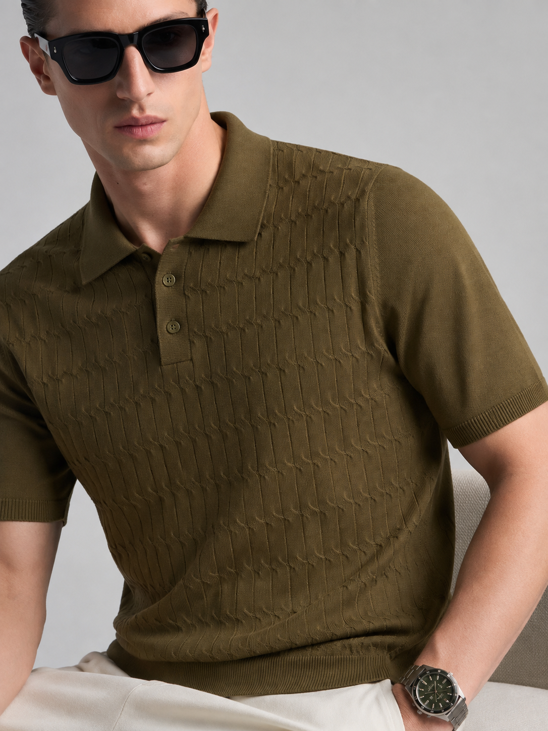 CANE Knit Polo in Olive — detail