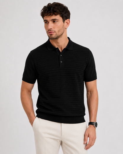 GRID Knit Polo in Black — on model