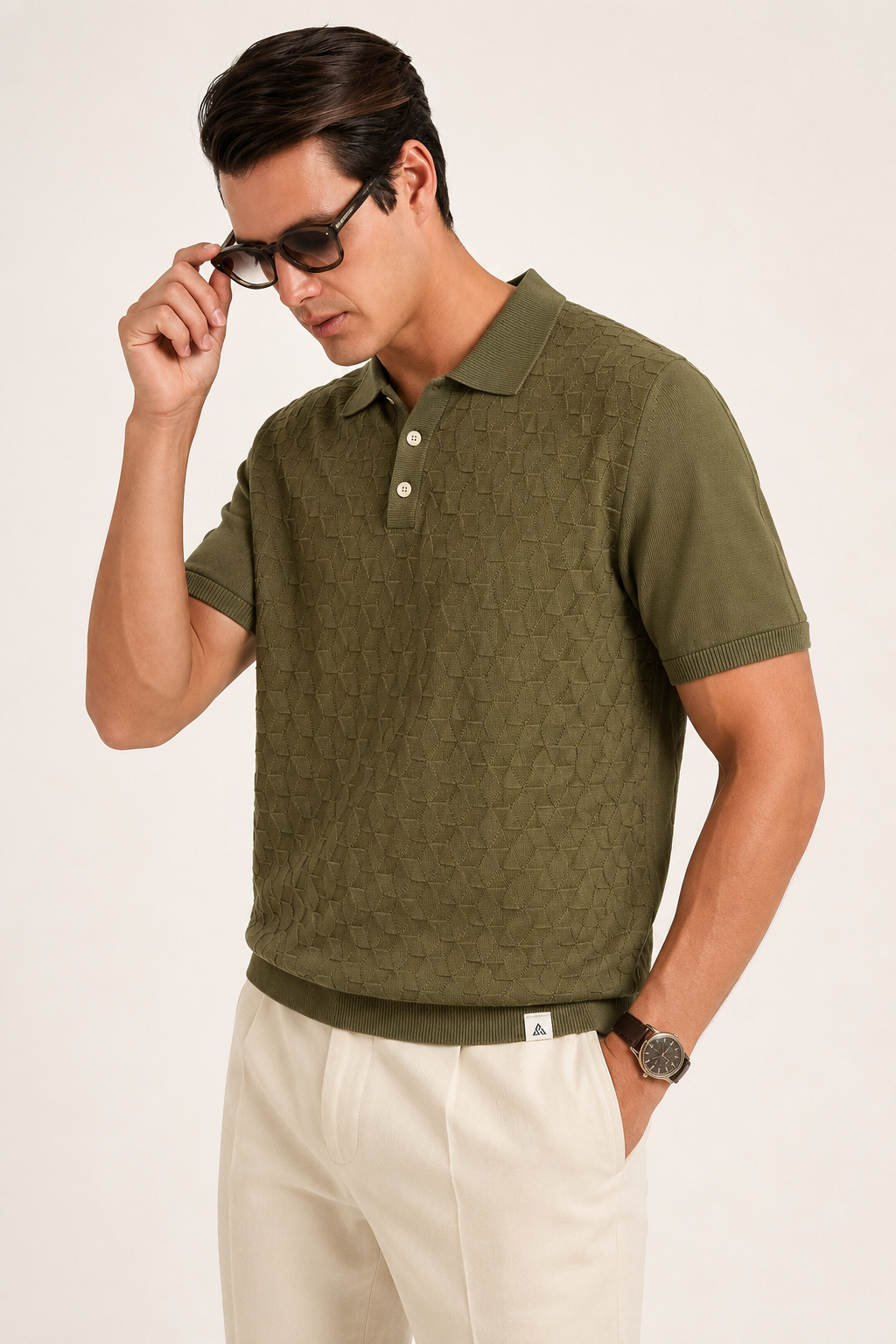 LEAF Knit Polo in Olive — front