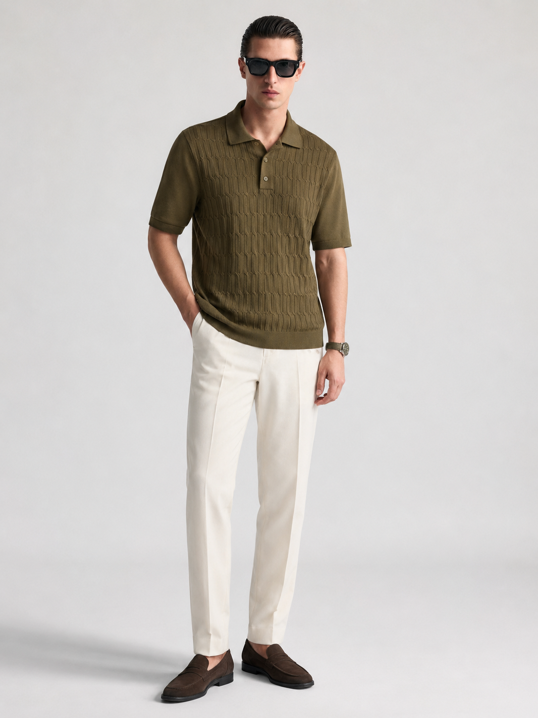 CANE Knit Polo in Olive — on model