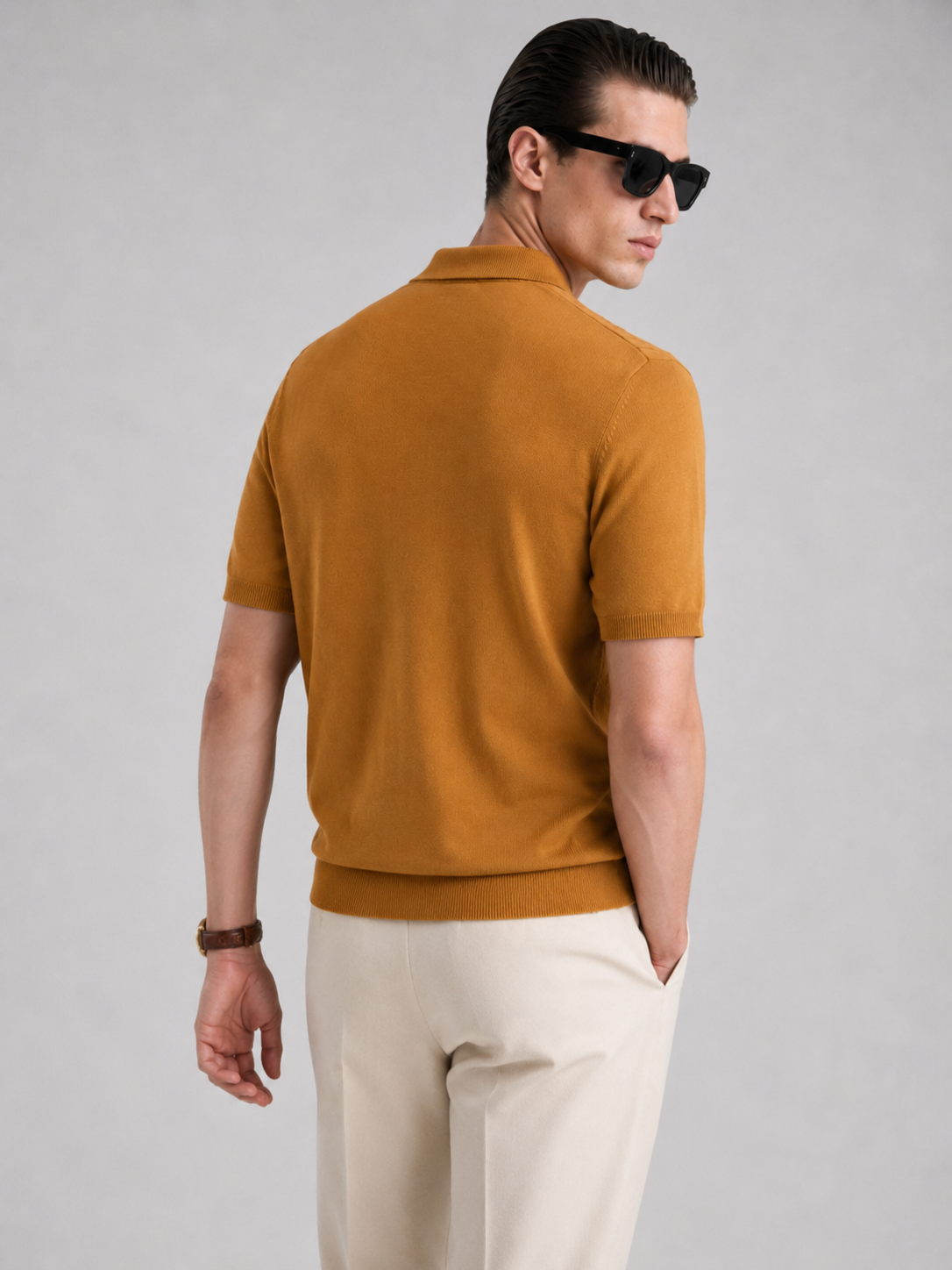 CANE Knit Polo in Camel — back