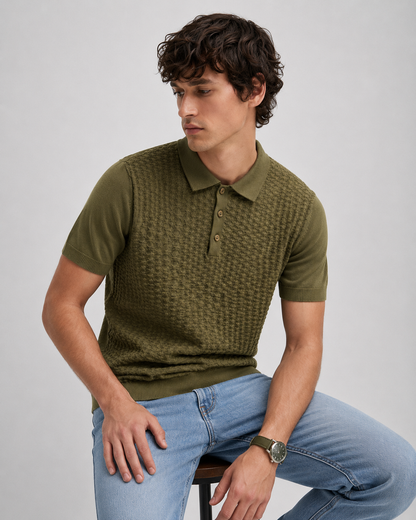 TILE Knit Polo in Olive — on model
